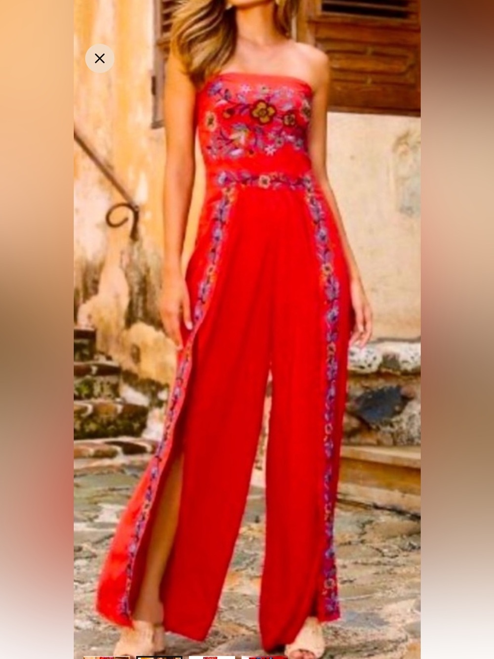 Anthropologie Boston proper Floral Embroidered Red Strapless Jumpsuit Sz small